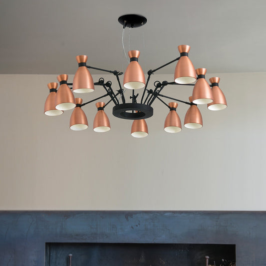 Modern chandelier with copper-colored lights in a living room setting.