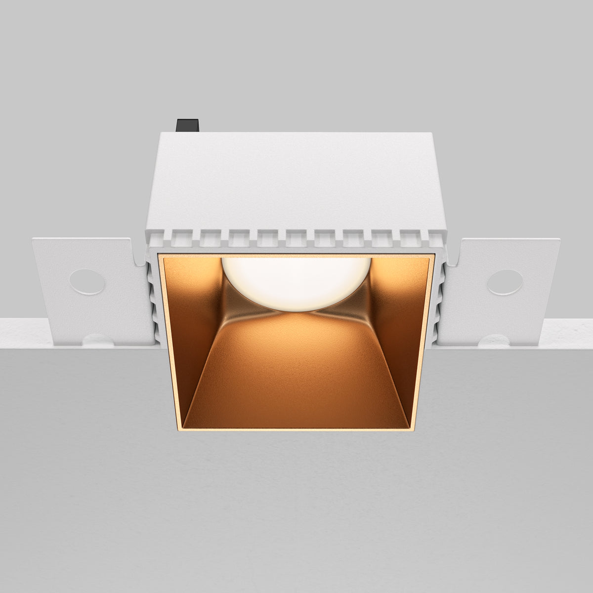Square recessed ceiling light fixture on a gray background