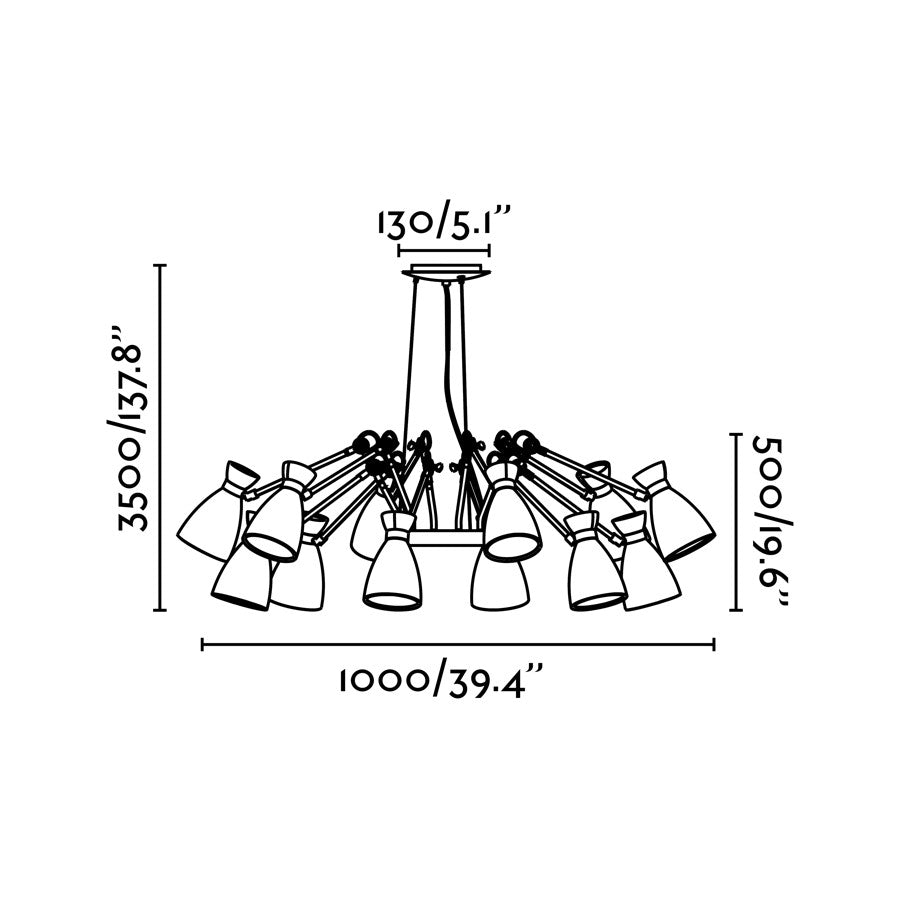 Technical line drawing illustrating the dimensions of the Retro 12L modern pendant light, showing a diameter of 1000 mm, a max height of 3500 mm, and a canopy width of 130 mm. Available to buy at the VXR Space store.