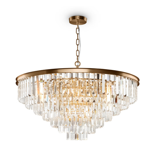 Chandelier with gold frame and crystal accents on a white background