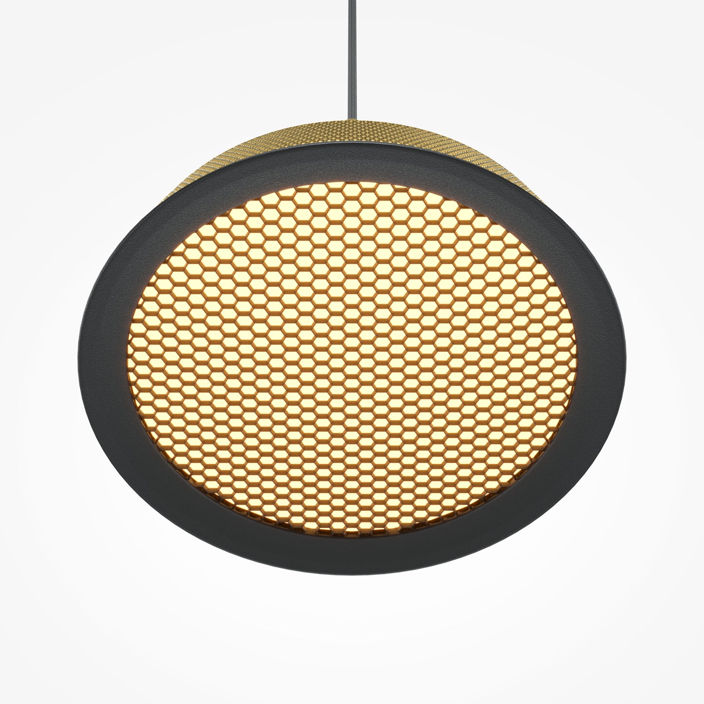 Round pendant light with honeycomb pattern on a white background