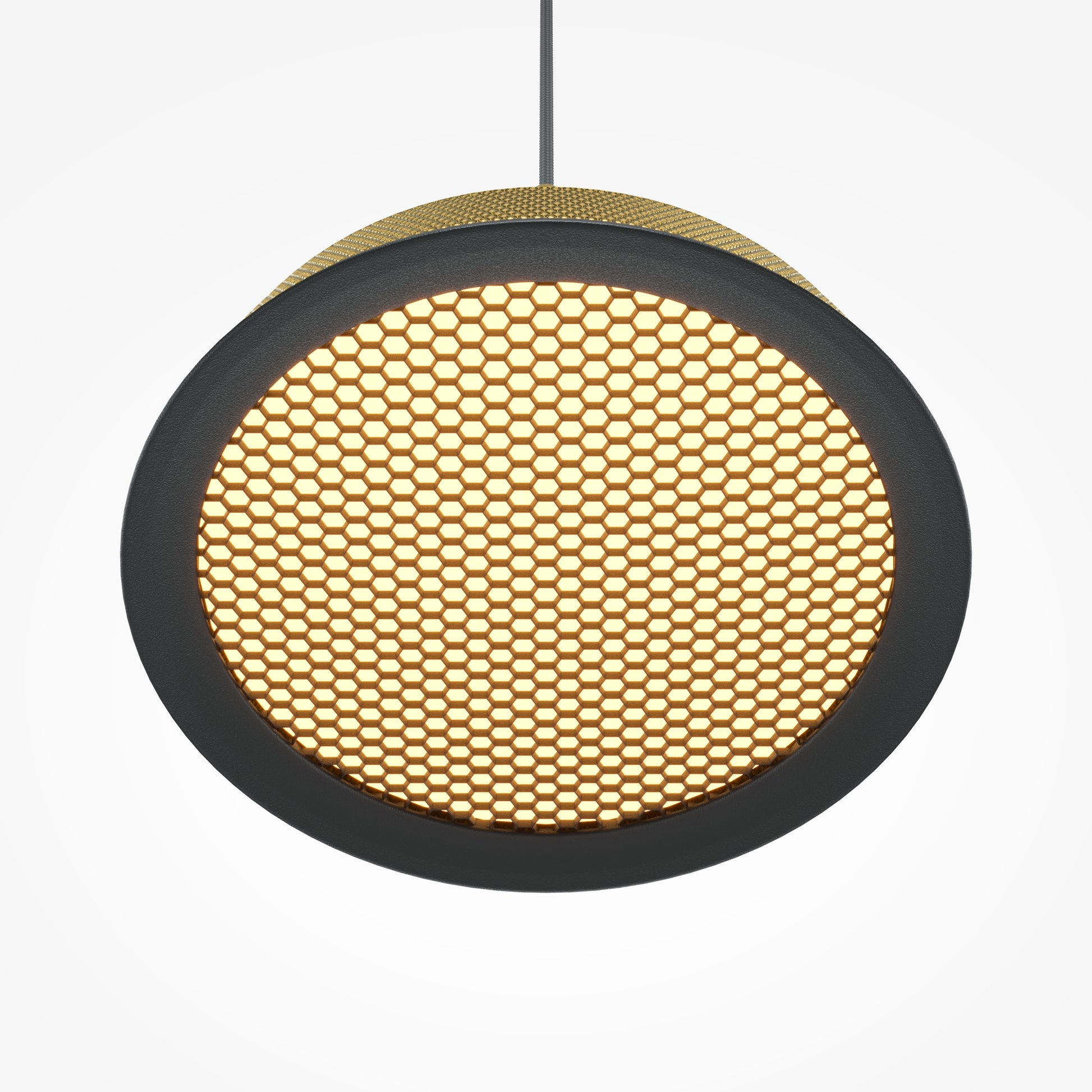 Round pendant light with honeycomb pattern on a white background
