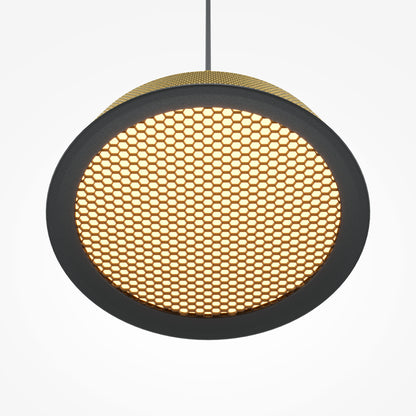 Round pendant light with honeycomb pattern on a white background