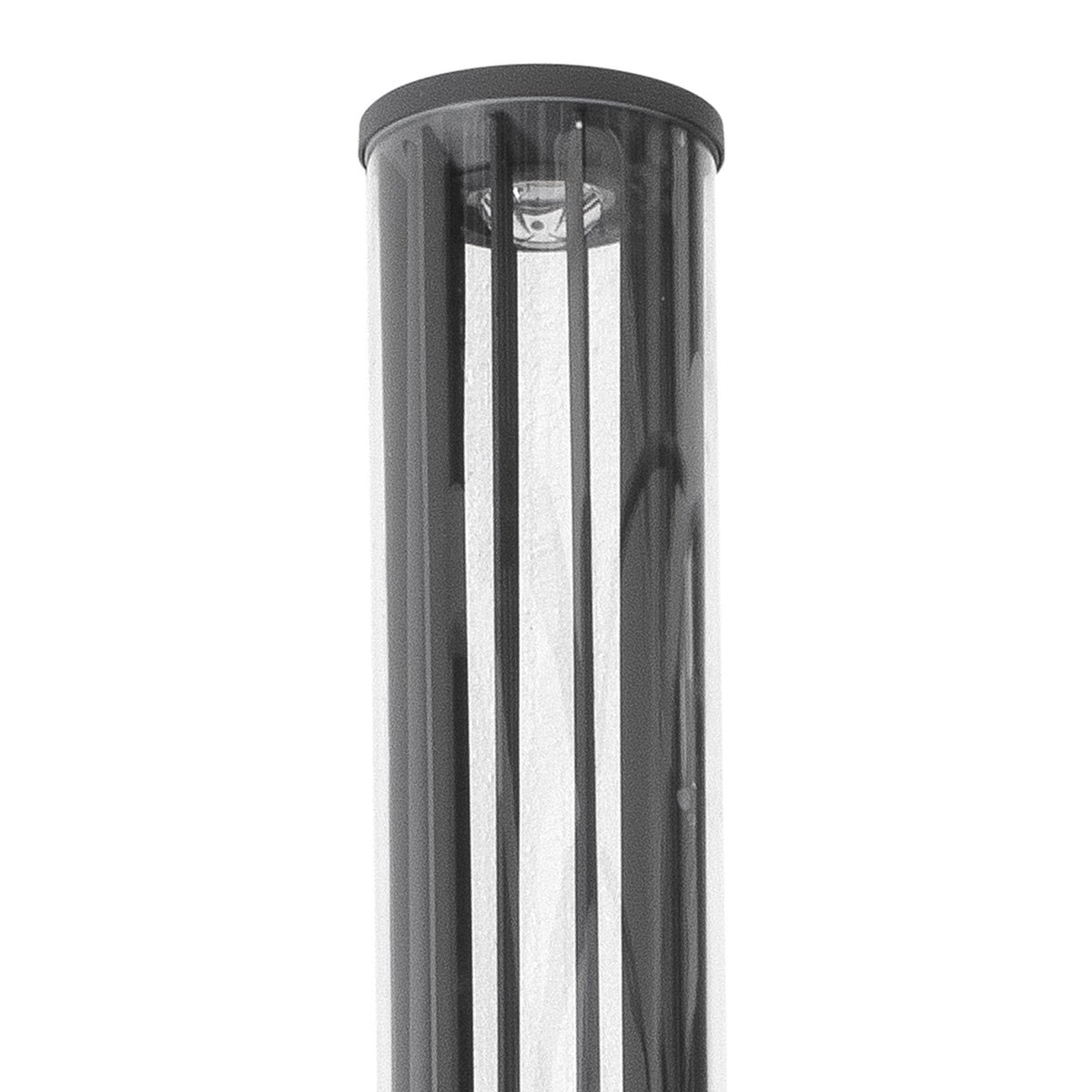 A close-up of a modern outdoor light fixture with a cylindrical black frame, vertical clear glass panels, and a black top cap, shown against a plain white background.