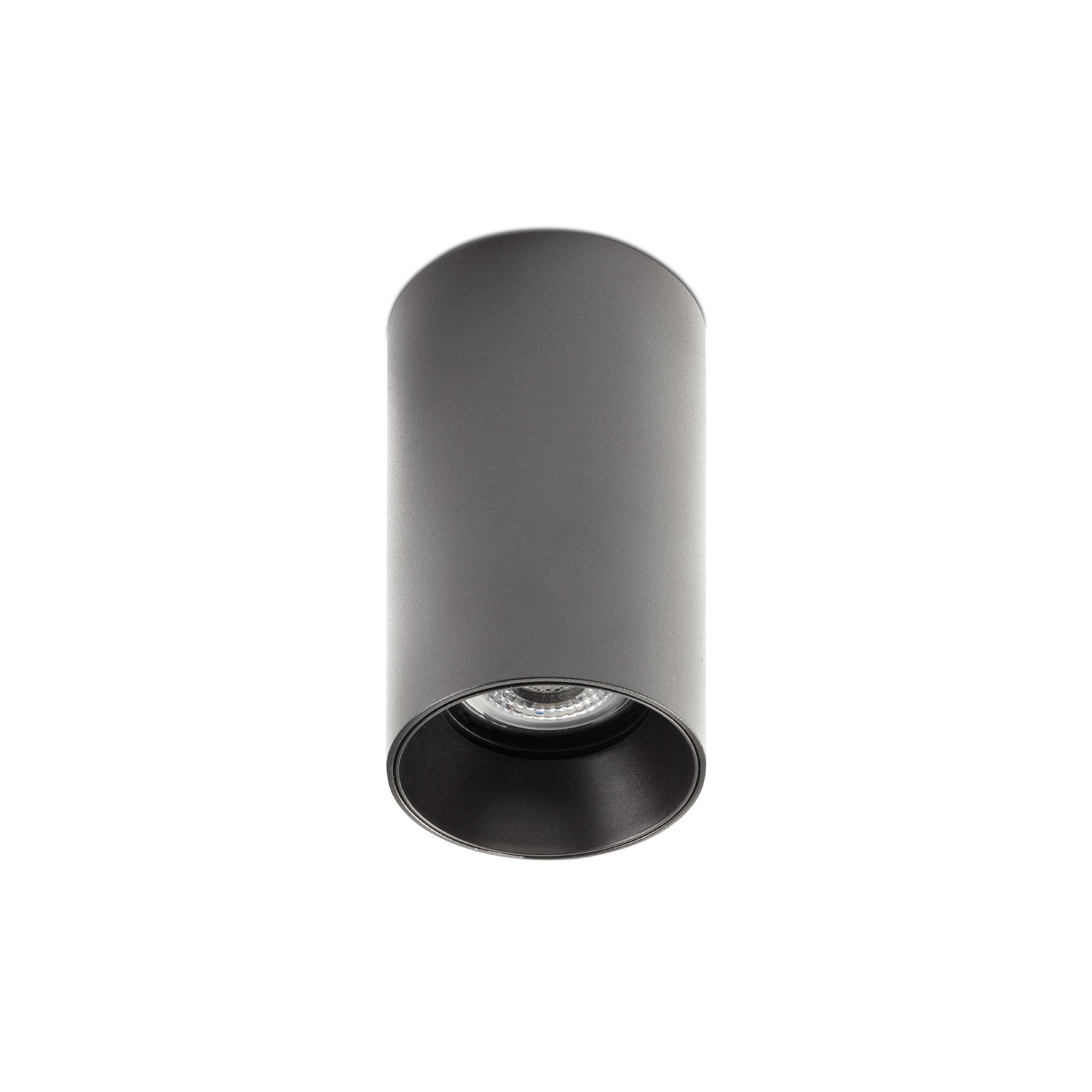 Black cylindrical ceiling light fixture on a white background