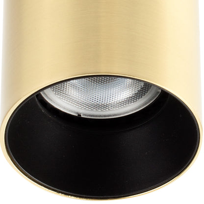Close-up of a gold and black spotlight with a white bulb inside.