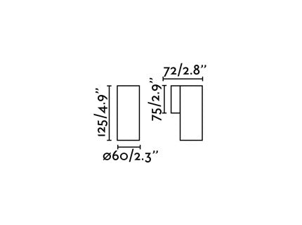 A simple black-and-white technical dimension drawing showing two rectangular cross-sections with measurements: 125/4.9 inches and Ø60/2.