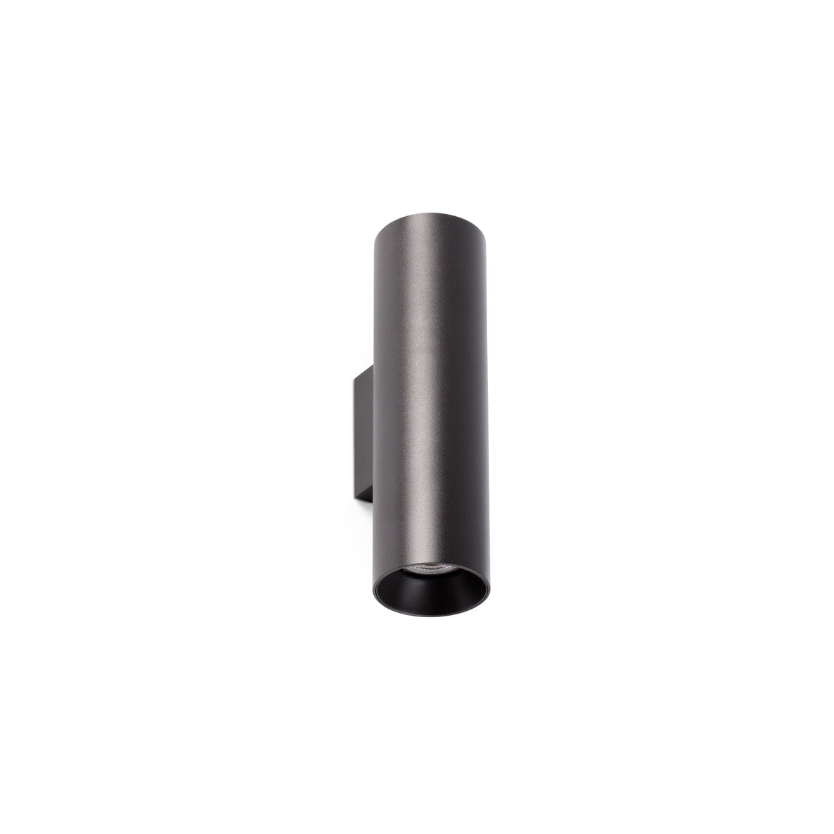 A modern matte black cylindrical wall sconce with a square wall mount bracket, shown against a plain white background.