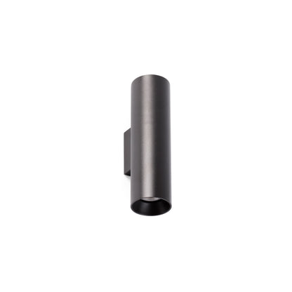 A modern matte black cylindrical wall sconce with a square wall mount bracket, shown against a plain white background.