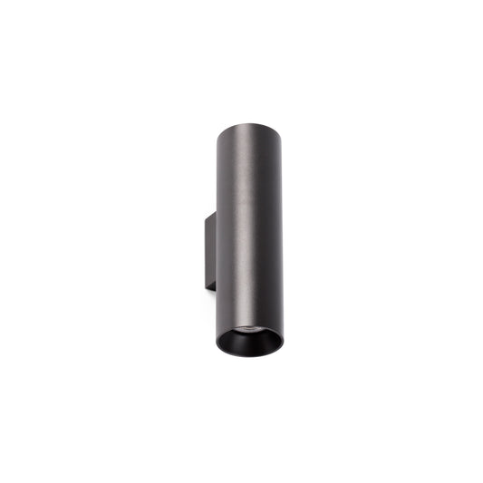 A modern matte black cylindrical wall sconce with a square wall mount bracket, shown against a plain white background.