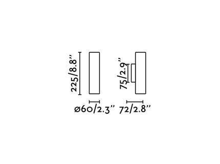 A simple black-and-white technical dimension drawing showing two rectangular profile views with measurements labeled 225/8.8 inches and 75/2.