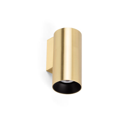 Gold cylindrical light fixture on a white background