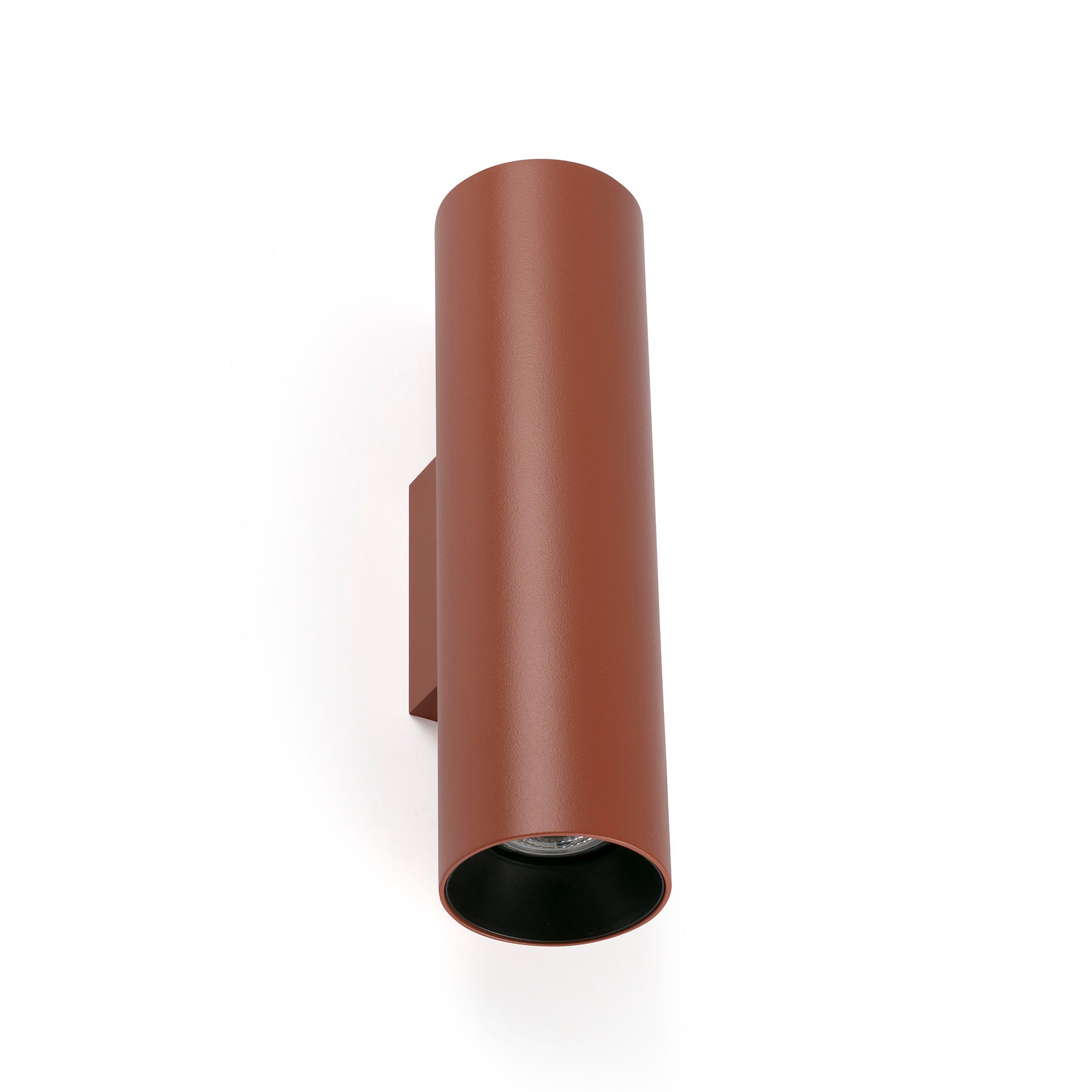 Brown cylindrical wall light fixture on a white background