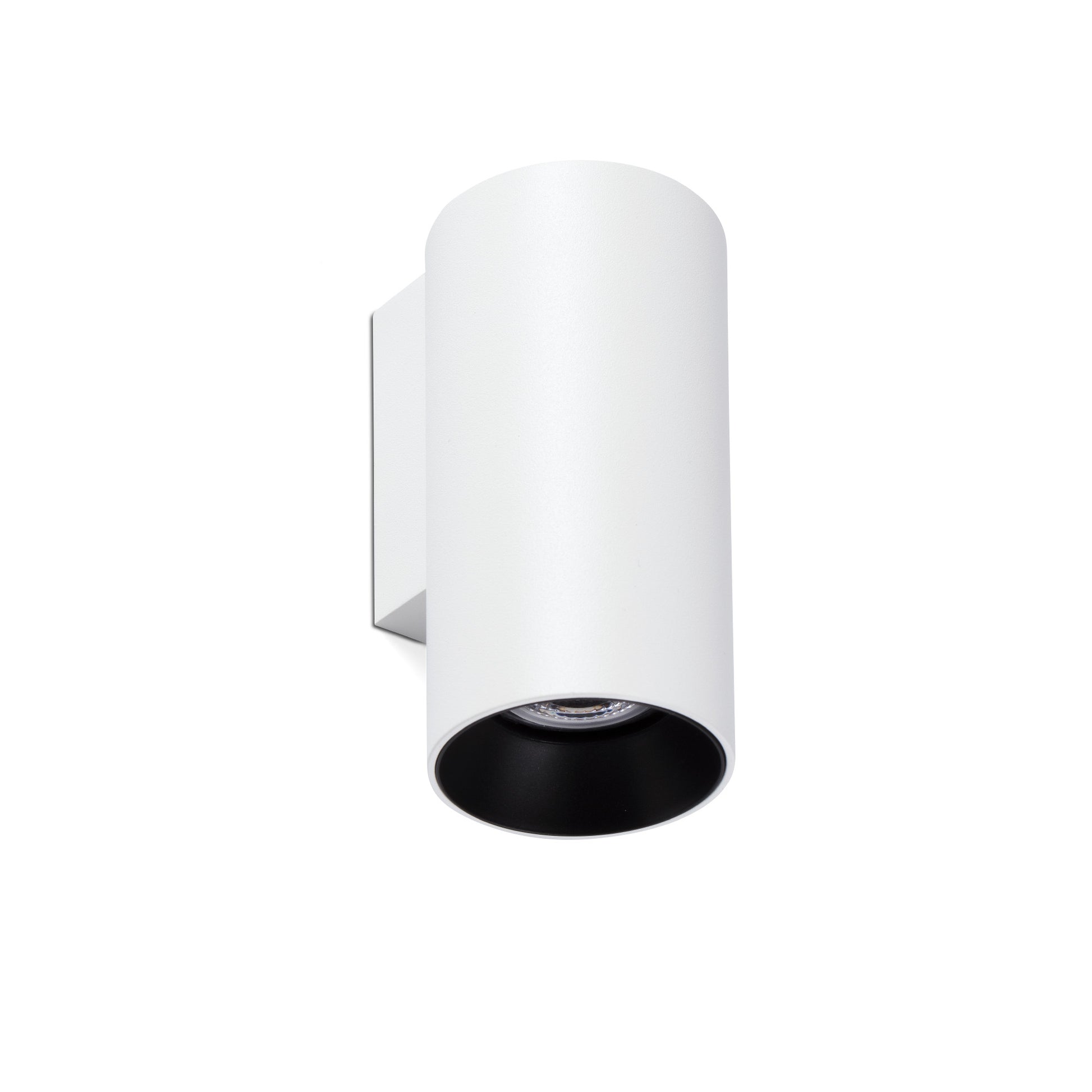 White wall-mounted light fixture with black interior on a white background