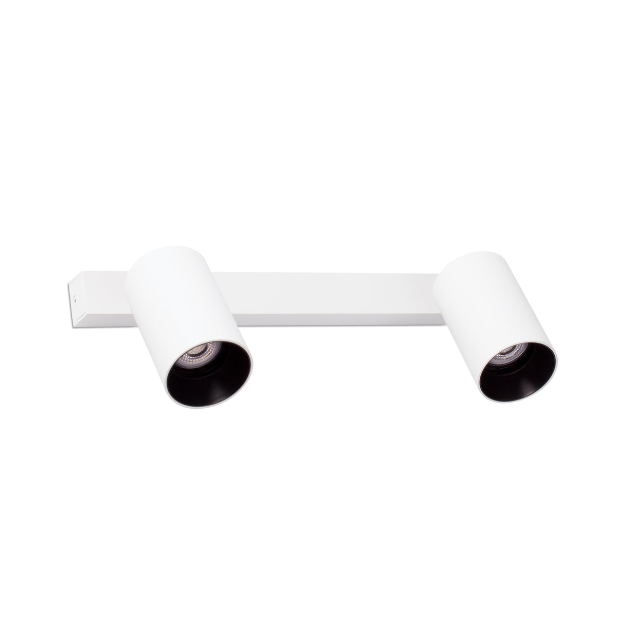 A modern two-light linear wall sconce in white, featuring cylindrical heads with black interior trim, shown against a plain white background.