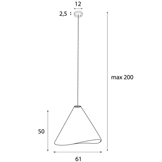 Technical dimension diagram of a pendant light fixture, showing a cone-shaped shade with a cord and ceiling mount. Labels indicate a maximum height of 200, a shade width of 61, a shade depth of 50, and a ceiling mount diameter of 12.