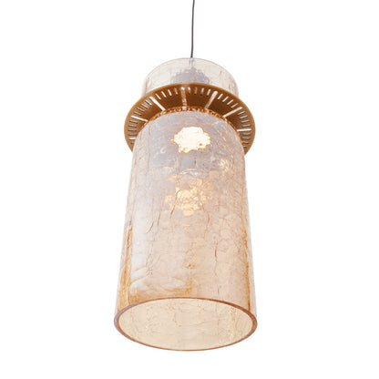 Studio view of the Signature B cylindrical modern pendant light with a textured amber glass shade on a neutral background. Available to buy at the VXR Space store.