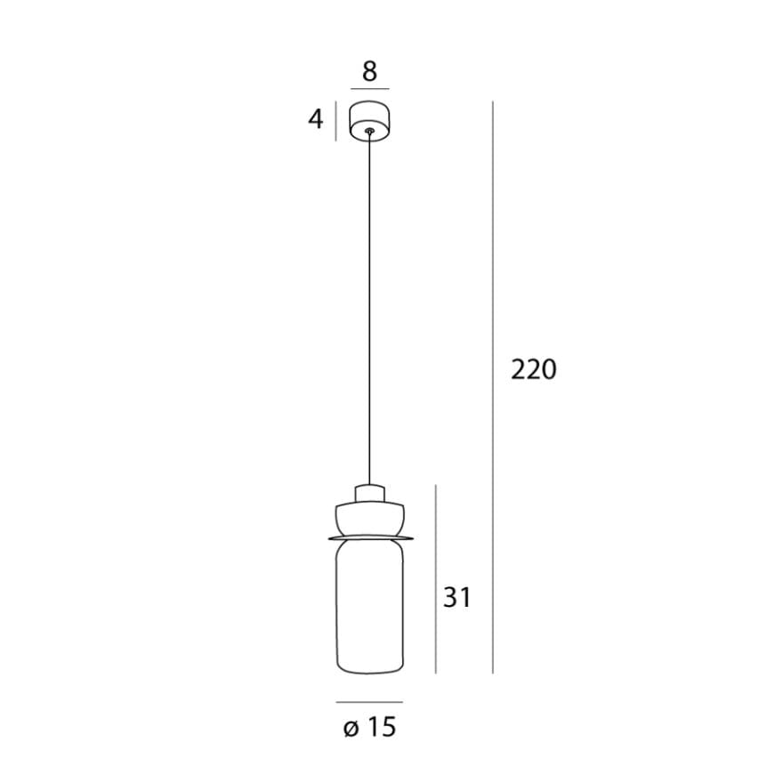 Technical line drawing illustrating the dimensions of the Signature B modern pendant light, showing a diameter of 15 cm, a shade height of 31 cm, and max height of 220 cm. Available to buy at the VXR Space store.