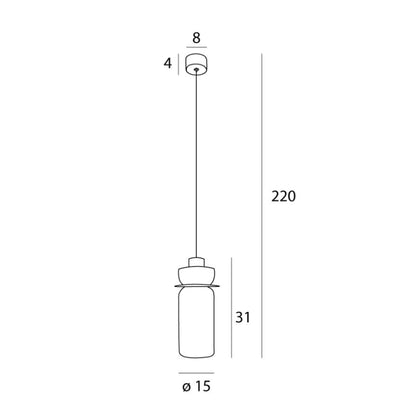 Technical line drawing illustrating the dimensions of the Signature B modern pendant light, showing a diameter of 15 cm, a shade height of 31 cm, and max height of 220 cm. Available to buy at the VXR Space store.