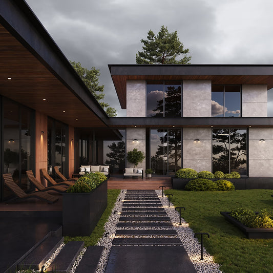 Modern house exterior with outdoor wall lighting
