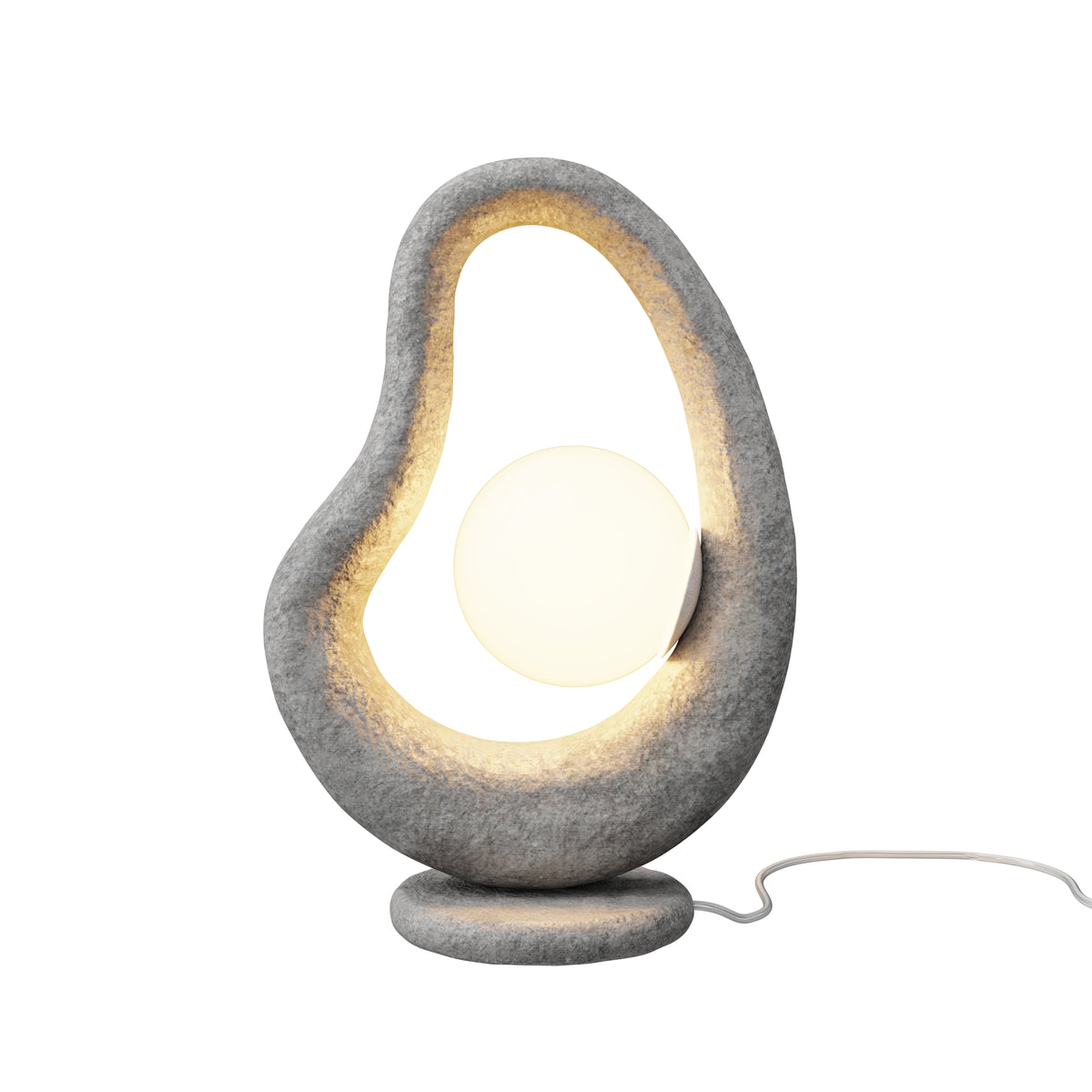 Modern table lamp with a textured gray base and white shade on a white background