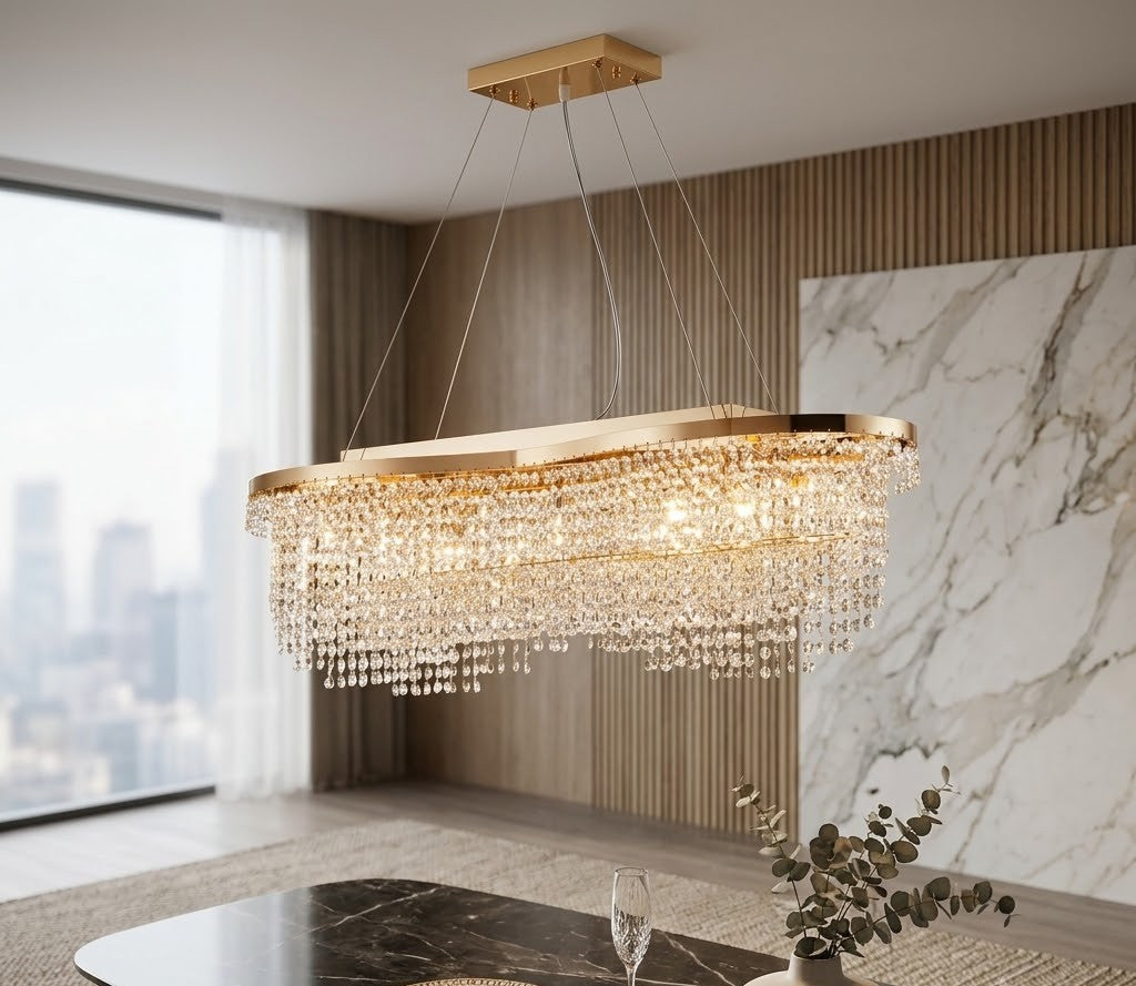 A modern rectangular chandelier with a brushed gold metal frame and cascading clear crystal droplets, suspended in a contemporary dining room with a city view window and marble wall.