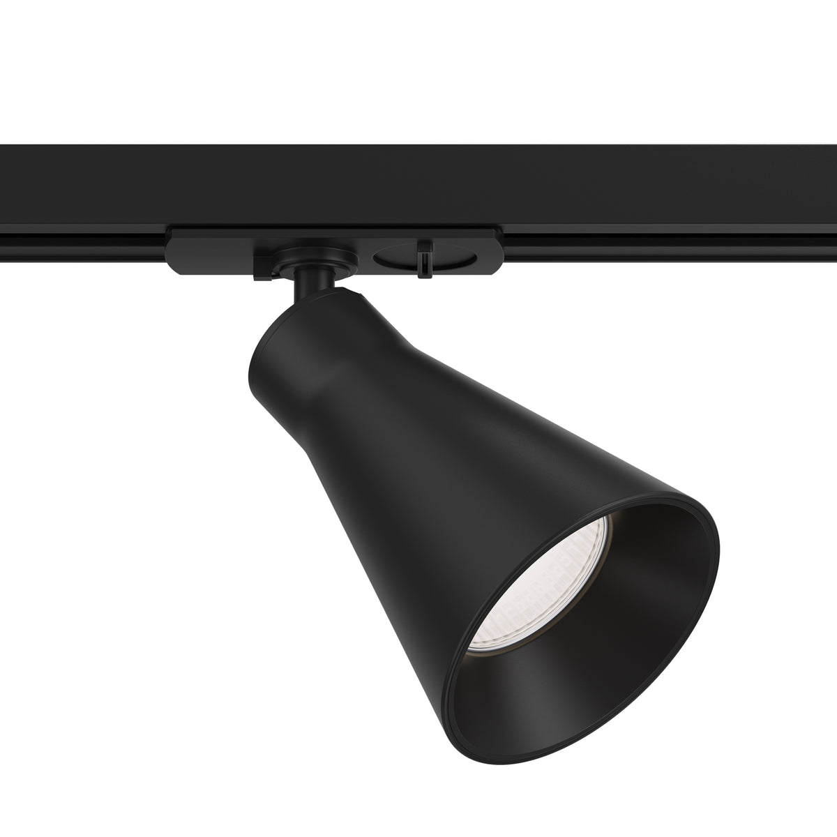 Black track light fixture on a white background