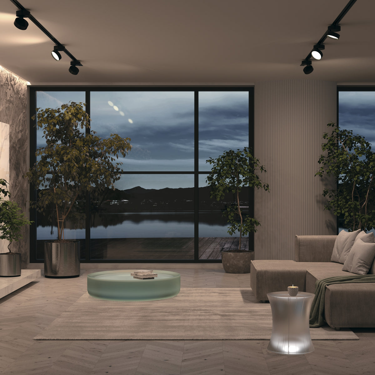 Modern living room with large windows, plants, and a sofa.