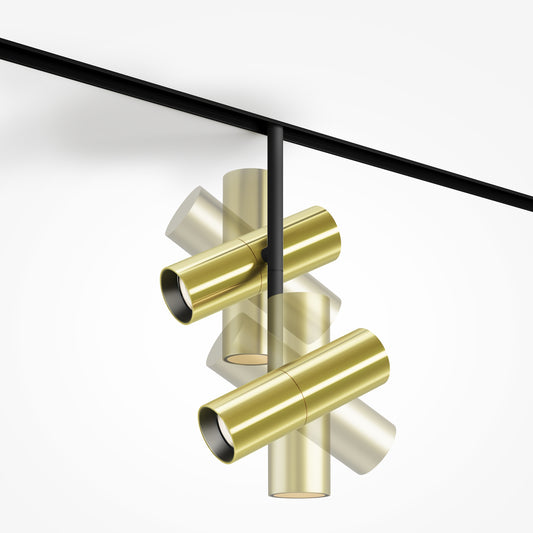Modern ceiling light fixture with gold and white cylindrical design on a white background