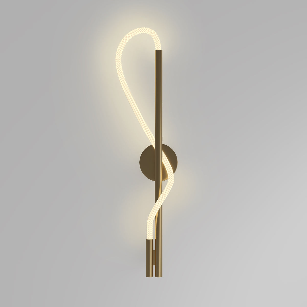 Modern wall light fixture with a gold finish on a gray background