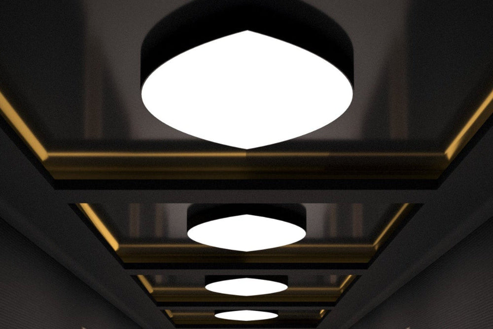 Architectural ceiling lighting system in contemporary commercial corridor interior