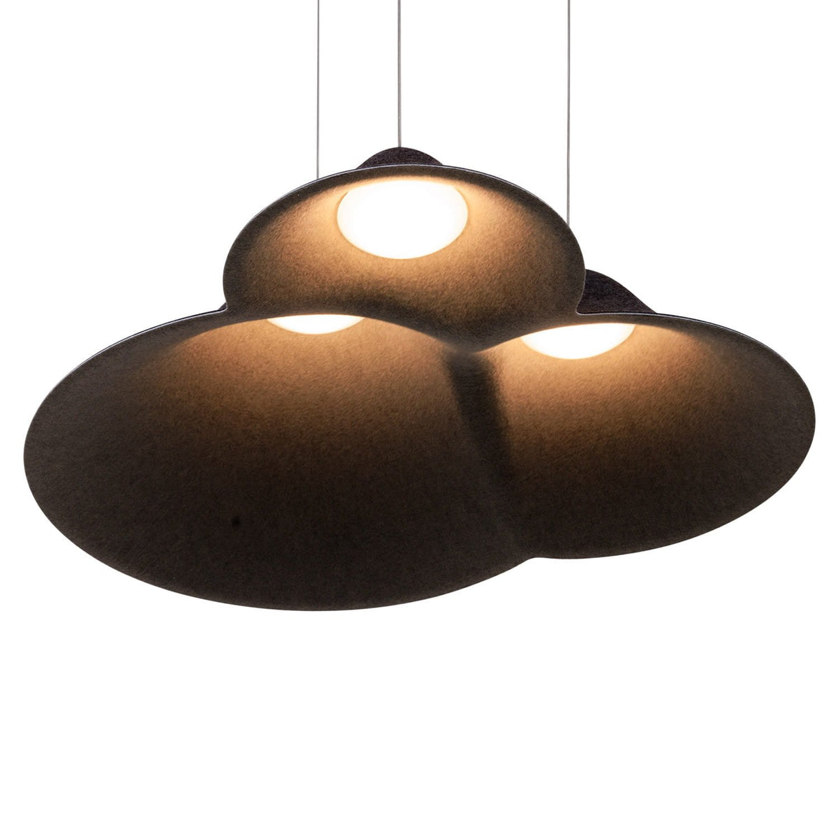Bellmond 3-light organic cluster pendant light, bottom view showing three illuminated diffusers on white background