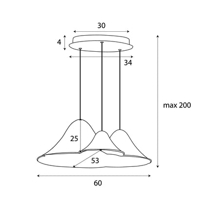 Bellmond 3-light organic cluster pendant light technical drawing and dimensions: width 60cm, depth 53cm, max height 200cm