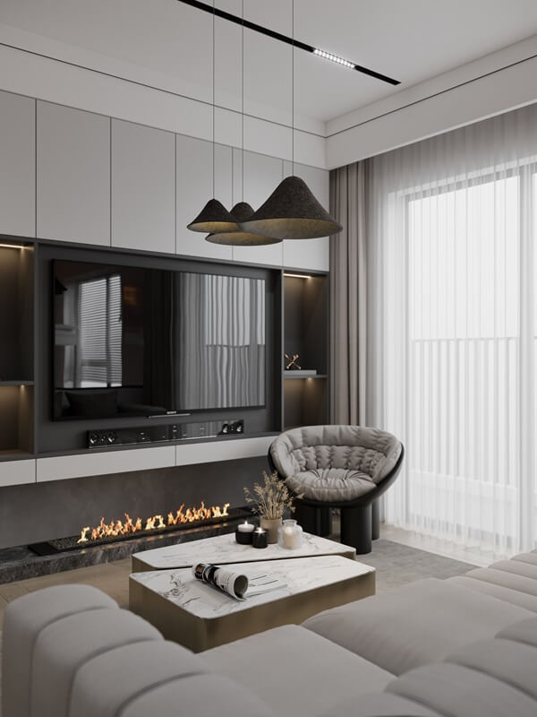 Bellmond 3-light organic textured cluster pendant light in a modern open living room with fireplace and media wall