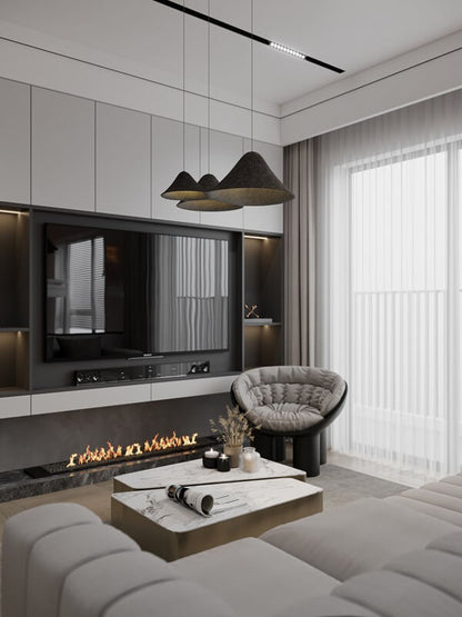 Bellmond 3-light organic textured cluster pendant light in a modern open living room with fireplace and media wall