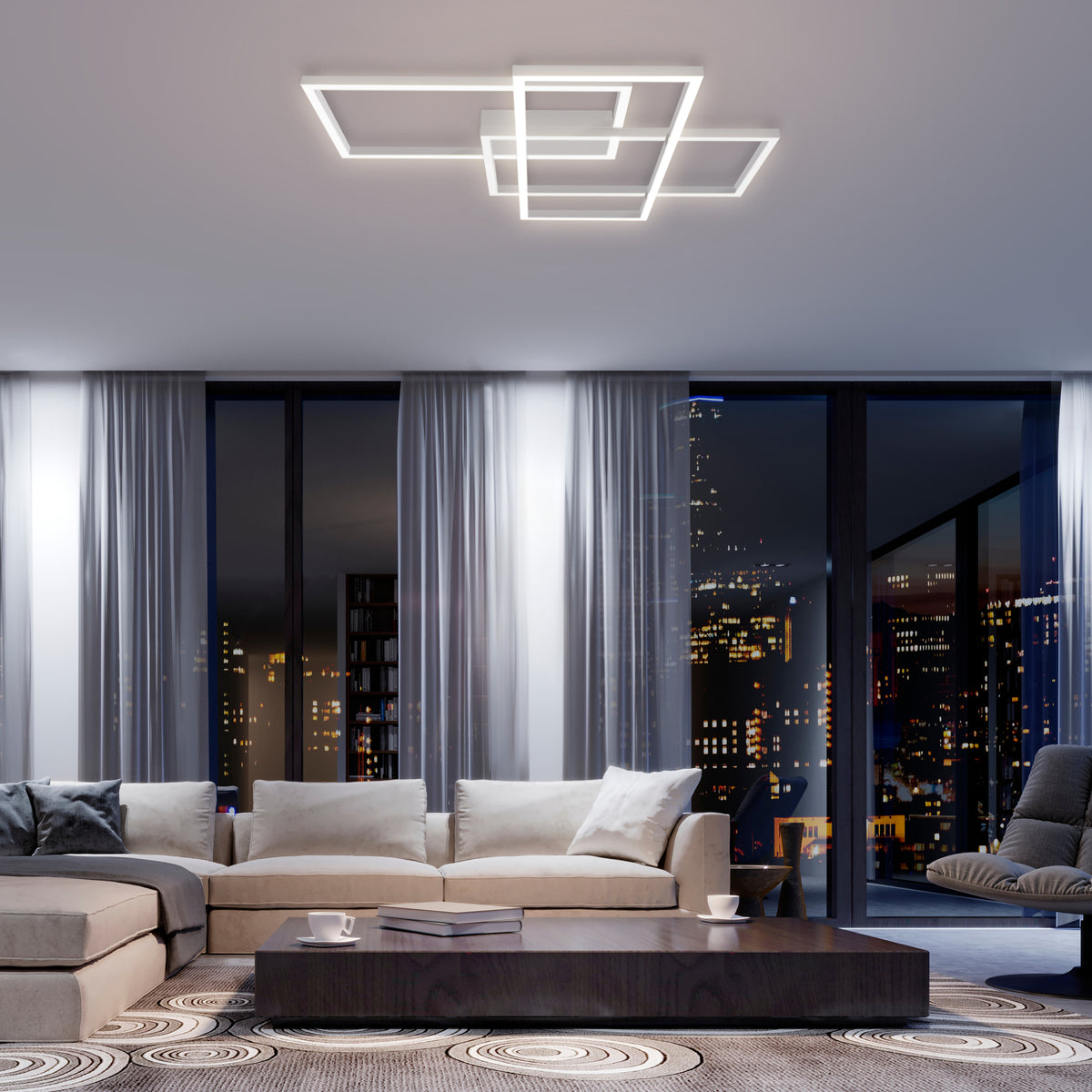 Modern living room with a large window view of a city skyline at night.