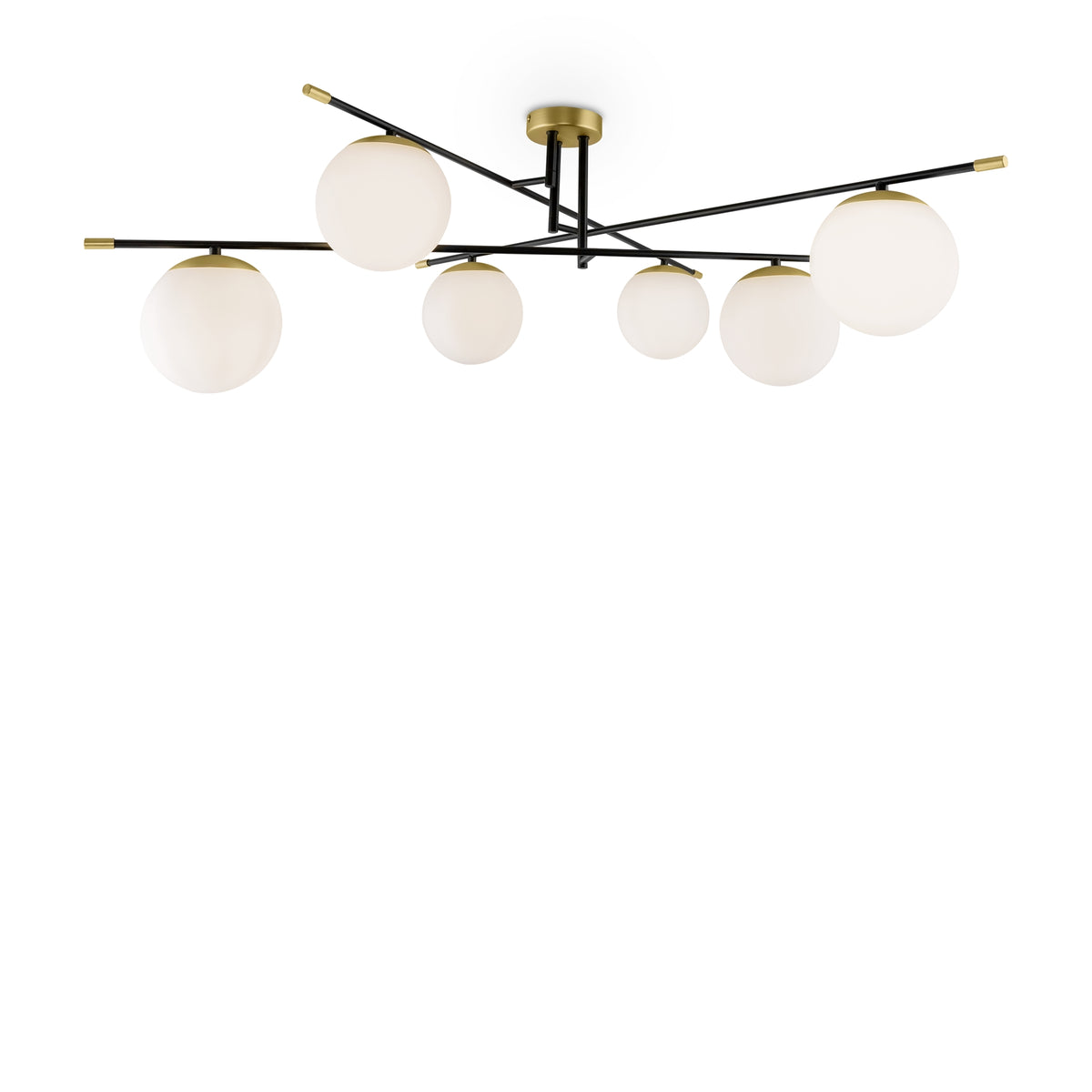 Modern ceiling light fixture with six spherical glass shades on a white background