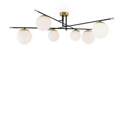 Modern ceiling light fixture with six spherical glass shades on a white background
