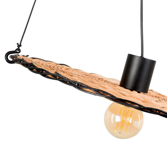 Industrial-style pendant light with a long, wavy black metal frame wrapped in natural tan wood, a matte black cylindrical ceiling mount, and a clear glass globe bulb.