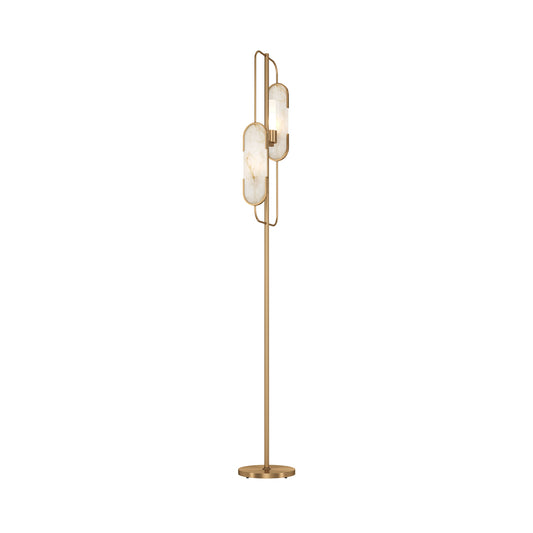Modern floor lamp with gold base and glass shades on a white background