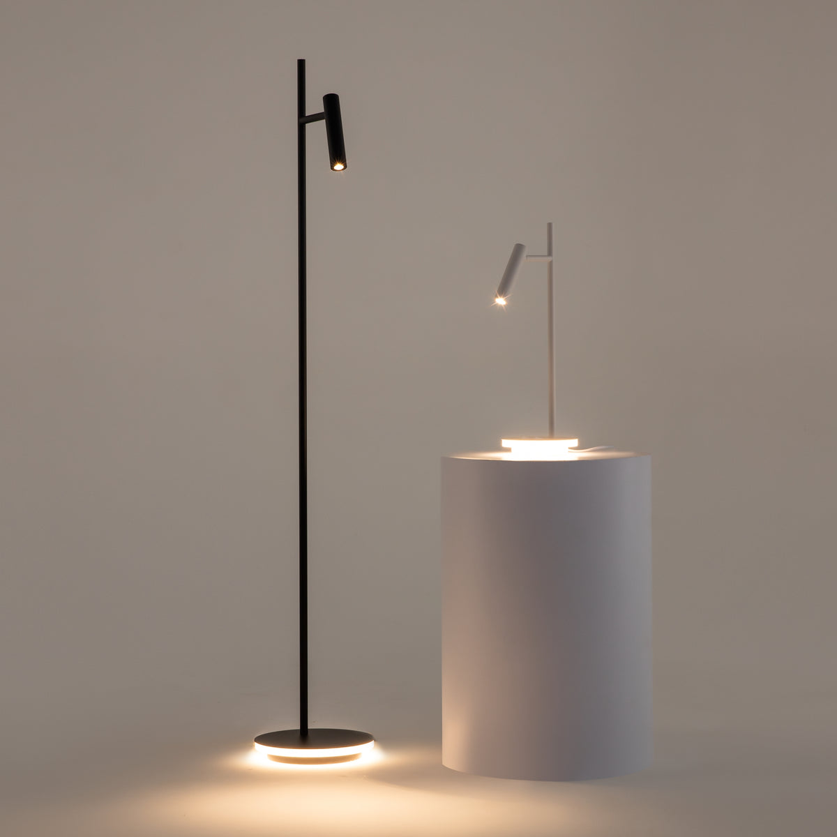 Modern floor lamp and pendant light on a gray background