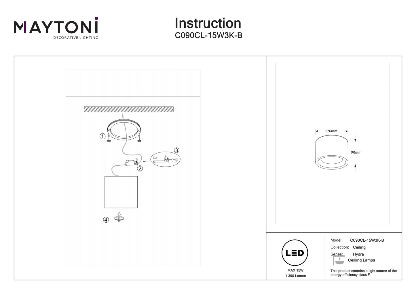 Ceiling luminaire C090CL-15W3K-B