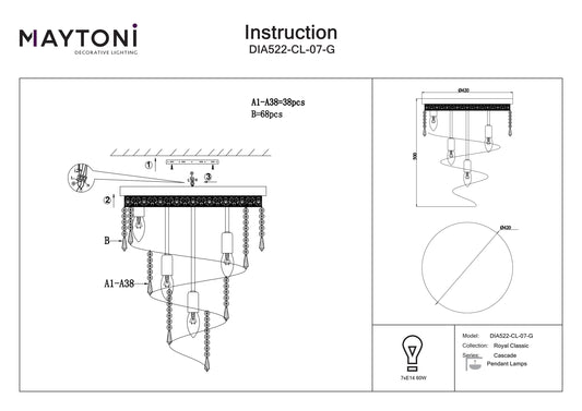Technical drawing of a pendant light fixture with Maytoni branding