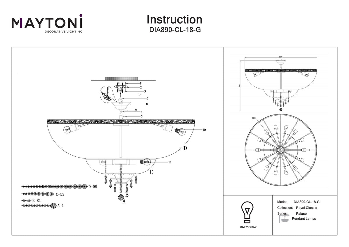 Technical drawing of a pendant light fixture with labeled parts and specifications, featuring the Maytoni brand.