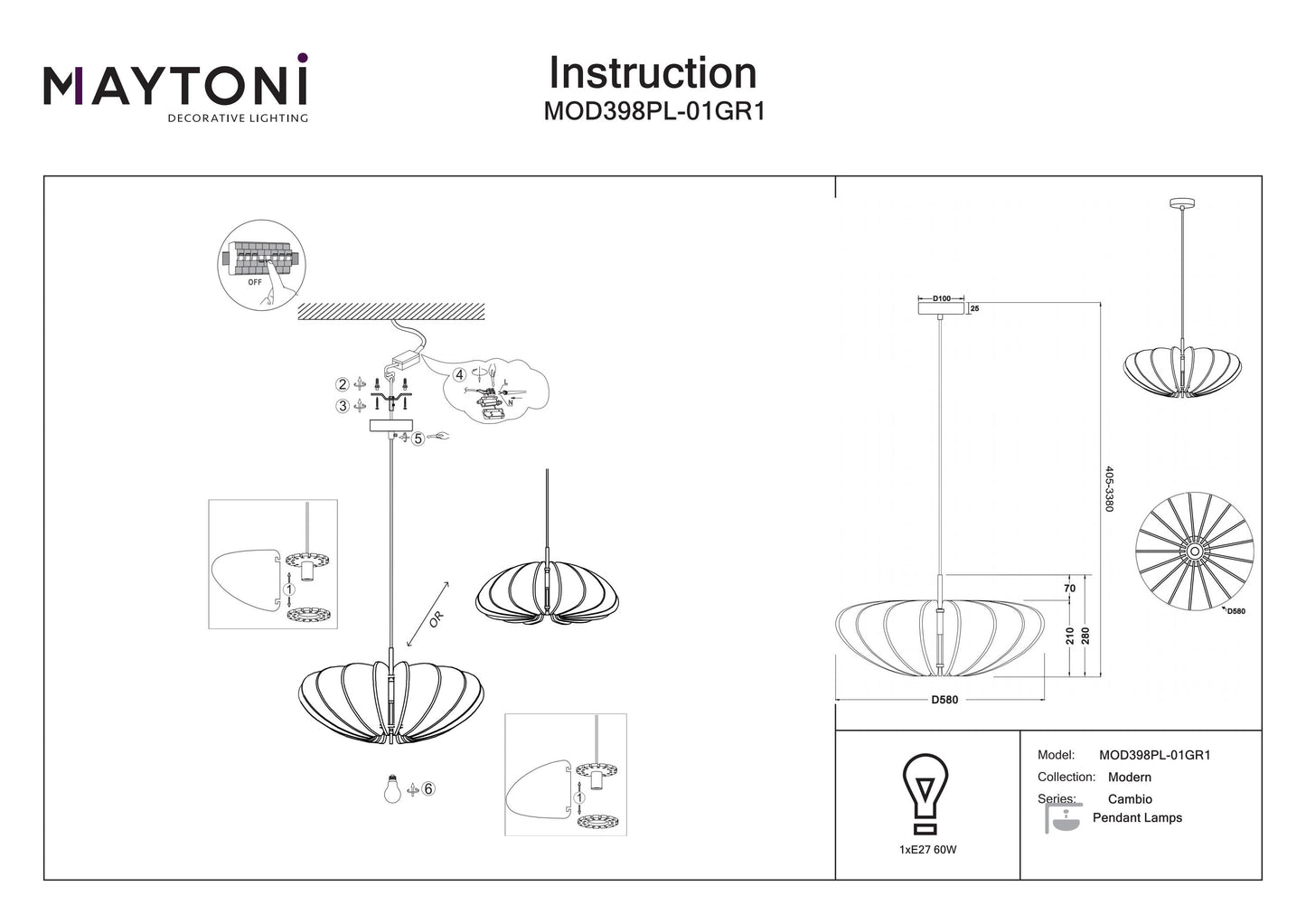 Pendant lamp MOD398PL-01GR1