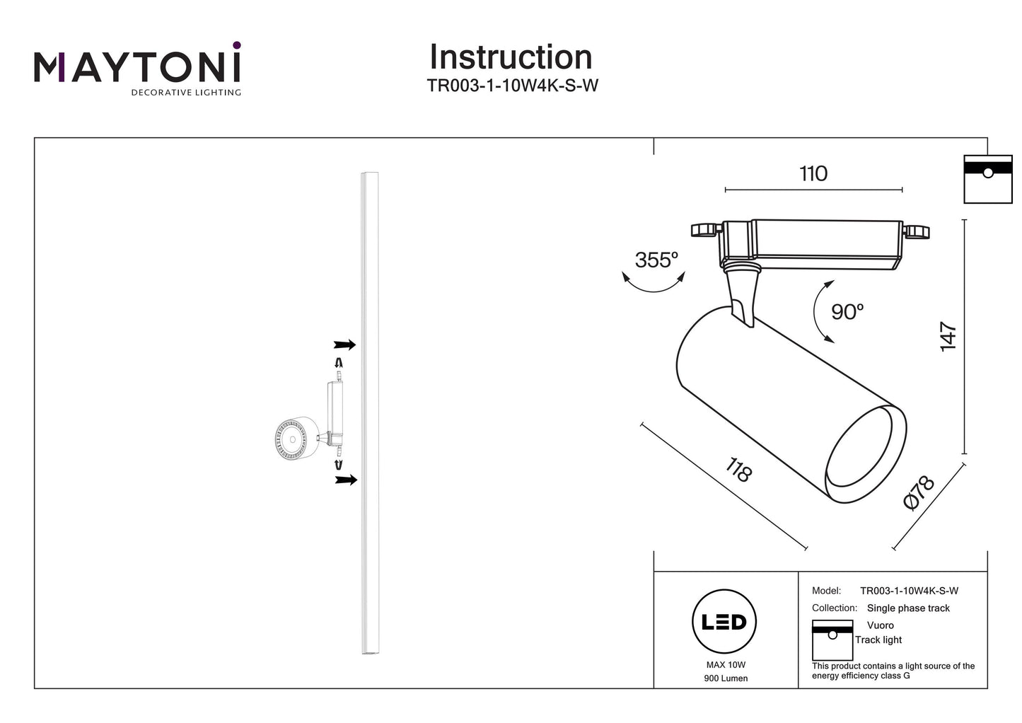 Track Lighting TR003-1-10W4K-S-W