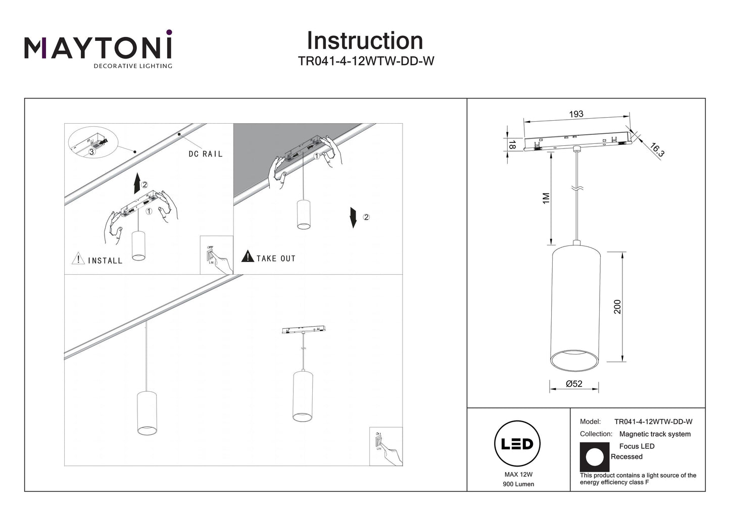 Pendant track luminaire TR041-4-12WTW-DD-W