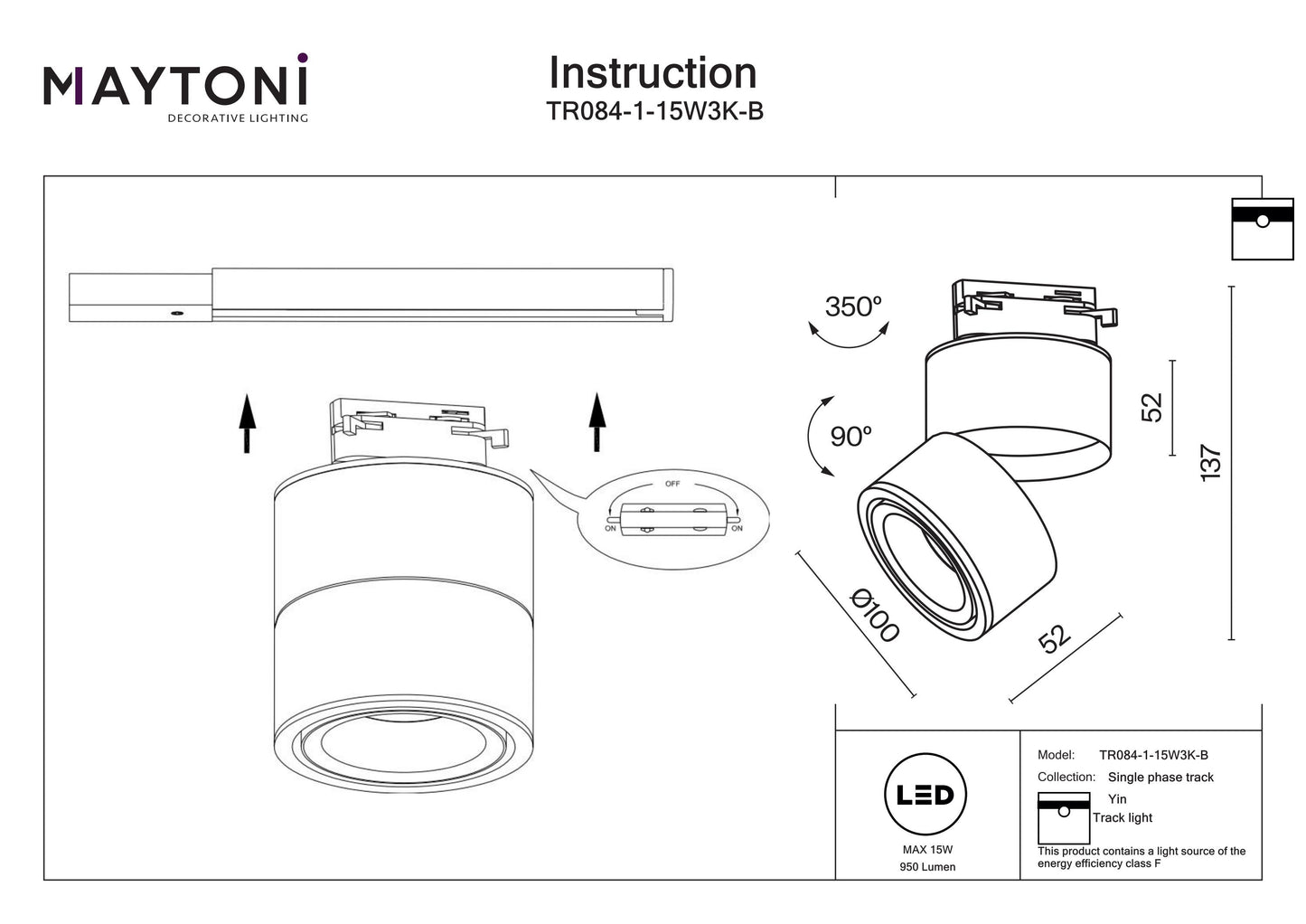 Track luminaire TR084-1-15W3K-B