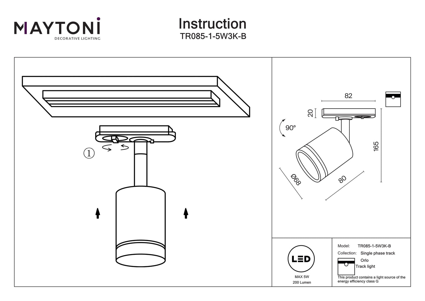 Track Luminaire TR085-1-5W3K-B
