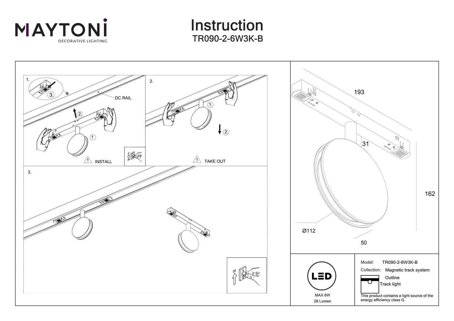 Track luminaire TR090-2-6W3K-B